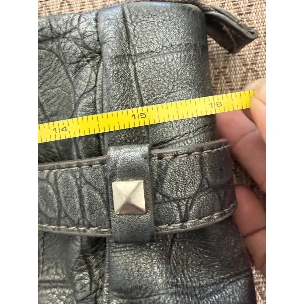 Adrienne Vittadini Metallic Pewter Croc Embossed Leather Tote Bag Red Lining